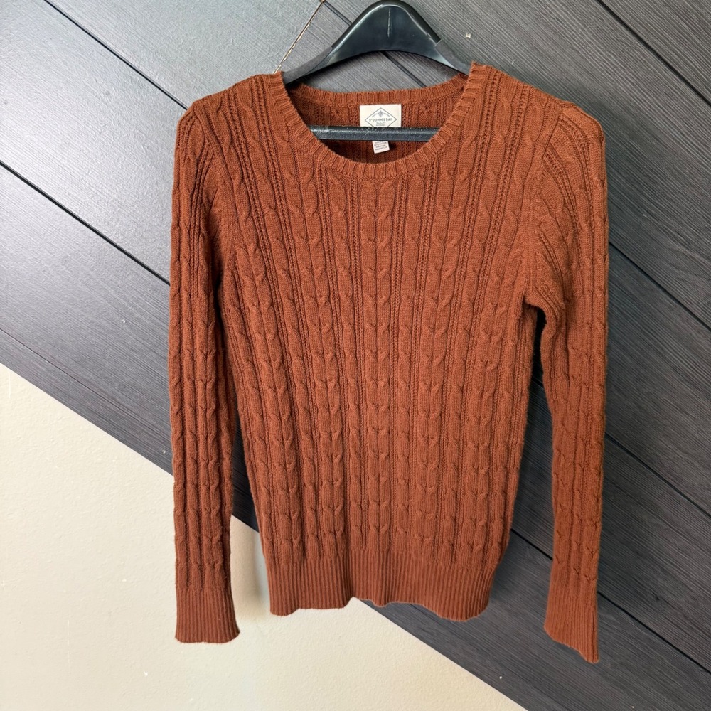 St. John's Bay Women's Cable Knit Crewneck Sweater Small Brown Cotton Blend